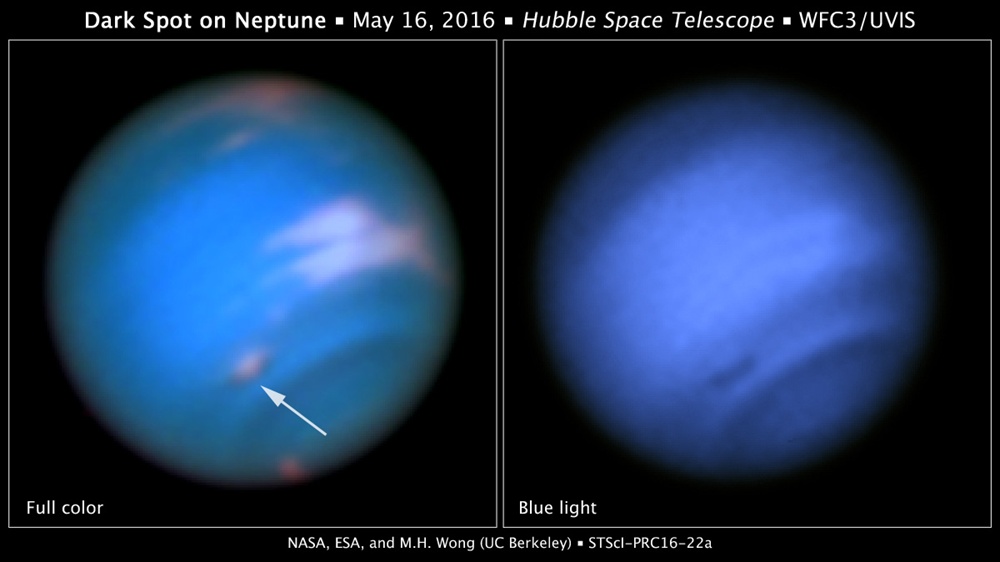 Ciemna plama na Neptunie w świetle widzialnym i przez niebieski filtr.