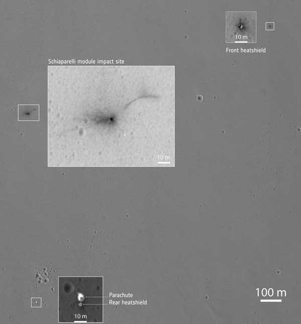 Prawdopodobne miejsce lądowania próbnika Schiaparelli (jak wiadomo, nieudanego), po "wyciągnięciu" maksymalnej rozdzielczości ze zdjęcia z sondy Mars Reconnaisance Orbiter.