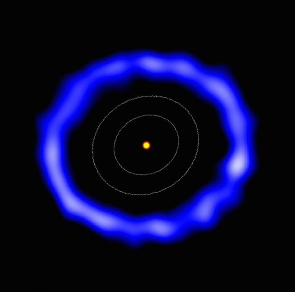 Pierścień komet (coś jak obłok Oorta) tyle że w innym układzie planetarnym! Okręgi znaczą rozmiary Pasa Kuipera w Układzie Słonecznym. Żródło obserwacji - Alma, portal "Astronomy".