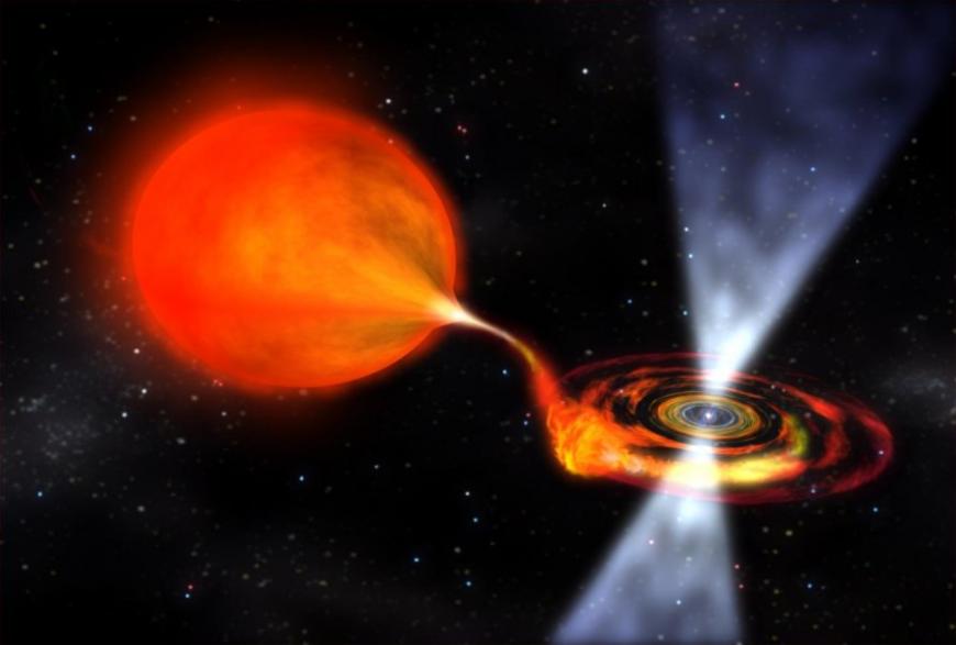 Podwójny układ z pulsarem "czarną wdową", omiatającą swym promieniowaniem i wiatrem gwiazdowym przestrzeń wokół gwiazdy-towarzysza (z lewej). 