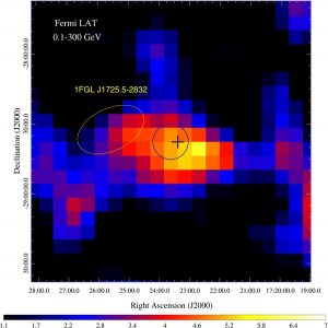 Widok układu podwójnego pulsara "czarnej wdowy" i jego namagnetyzowanego towarzysza (ofiary) w promieniach gamma uzyskany przez satelitę Fermi (dawnego GLAST-a).