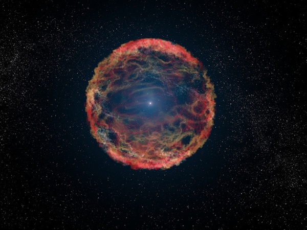 Wizja odrzucenia zewnętrznych warstw przez "supernową powrotną" i powstania mgławicy. Żródło: NASA/ESA/STSCi/G. Bacon