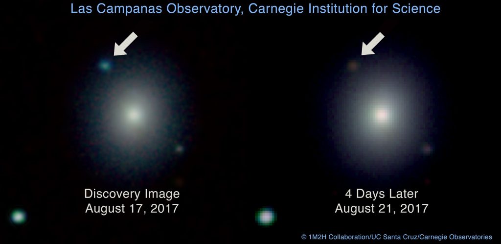Widok kilonowej w galaktyce NGC 4993 w momencie odkrycia i nadejścia fal grawitaycjnych (17 sierpnia 2017) i 4 dni później. Widać poświatę po wybuchu ale póki co, nie ma też strugi (jetu).