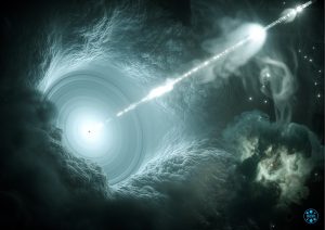 Wizja artystyczne jetu wyrzucanego przez czarną dziurę w obrębie silnika centralnego blazara. Źródło - DESY, Science Communication Lab.