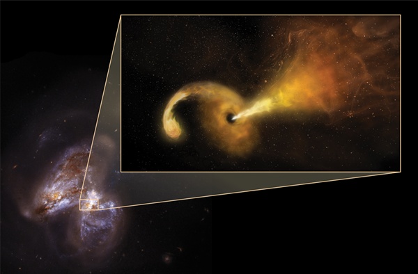 Wizja artystyczna i zdjęcie centrum galaktyki Arp 299 z czarną dziurą pożerającą gwiazdę i przekształcającą jej materię w relatywistyczny dżet (jet, strugę). Rys. Sophie Dagnello, NRAO/ASM/NSF, zdjęcie NASA, STS cl. - HST.